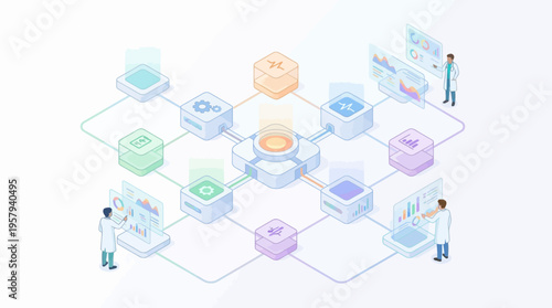 Isometric Healthcare SaaS Platform with Medical Data Analytics, Doctors Analyzing Patient Records, Hospital Management Software Interface, Digital Health Technology Network