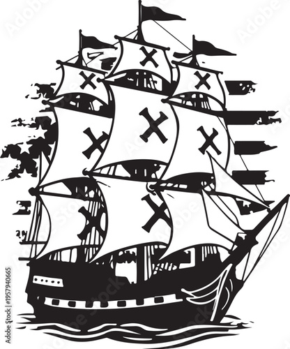 Black and white silhouette illustration of a vintage galleon ship sailing on the ocean waves