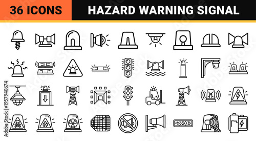 Emergency alert siren symbols and industrial hazard beacon line art for professional security and public safety notification systems.