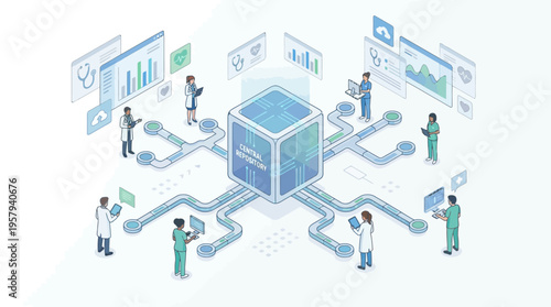 Isometric Healthcare Data Management System with Medical Professionals Analyzing Patient Records and Central Repository Network