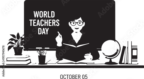 A minimalist black and white graphic illustration celebrating the annual world teachers day event