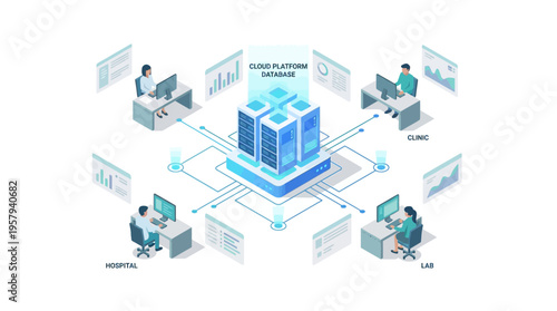 Isometric Healthcare Cloud Platform Database with Medical Professionals Working at Hospital Clinic Lab Connected to Central Server System