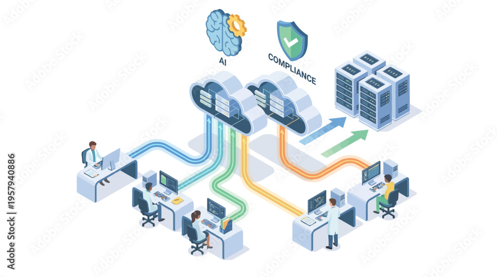 Fototapeta premium Isometric Healthcare SaaS Platform with AI Medical Data Processing, Cloud Compliance Security, and Hospital Team Working on Digital Health Technology System