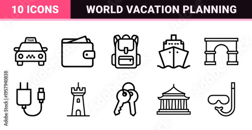 Minimalist Travel and Tourism Outline Icon Set featuring technical monoline silhouettes for vacation planning and adventure navigation.
