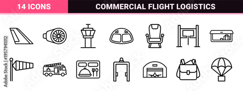 Global Air Logistics and Aviation Infrastructure Minimalist Monoline Symbols for Transportation Management Systems and Shipping Apps.