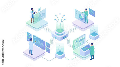 Isometric Healthcare SaaS Platform with Medical Data Analytics, Doctors Using Digital Health Technology Dashboard, Hospital Management Software Network