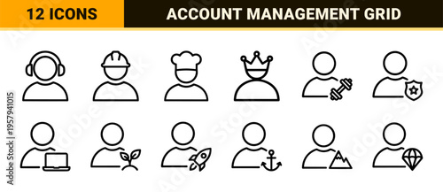 Minimalist monoline geometric profile and account management symbols for user interface design featuring primitive linear human silhouettes.