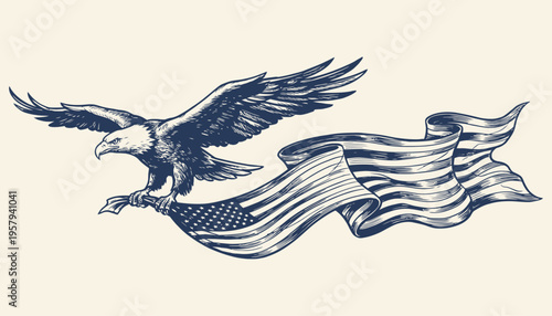 Bald eagle flying with waving national flag engraving style illustration