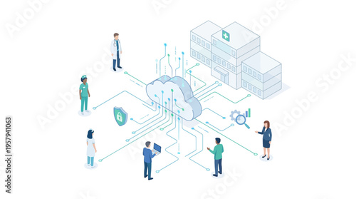 Isometric Healthcare Cloud Technology Platform with Medical Team and Hospital Data Security Network, Digital Health SaaS Infrastructure