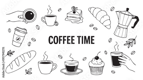 Enjoy a delightful break with this charming black and white line art illustration of coffee, pastries, and baked goods, perfect for your cafe or bakery needs