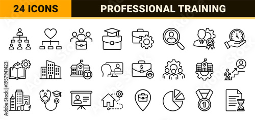 Internship Career Development and Professional Training Monoline Outline Icon Set for Student Employment and Vocational Education Programs.