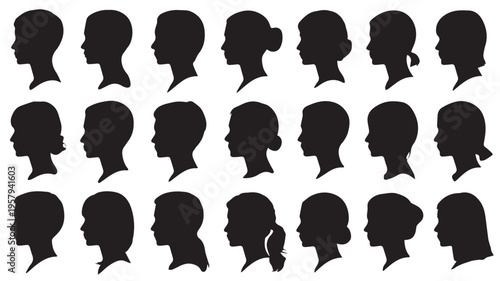 Extensive set of black human head silhouettes in profile, showcasing diverse ages and genders, ideal for anonymous identity representation, avatar design, and graphic elements