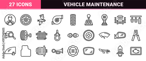 Automotive Service and Car Maintenance Linear Symbols for Mechanic Workshops Professional Monoline Outline Geometric Vector Graphic Set