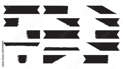 Collection of various black and white ribbon banners with distressed edges and clean cuts on a white background
