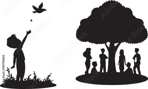 A black silhouette illustration showing a child watching a bird and a group standing by a tree