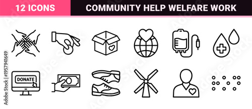 Minimalist Charity and Social Aid Monoline Icons for Non-Profit Organizations, Community Volunteering, and Humanitarian Donation Support.