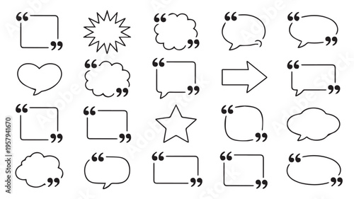 Diverse collection of black and white quotation mark speech bubble icons for communication and dialogue