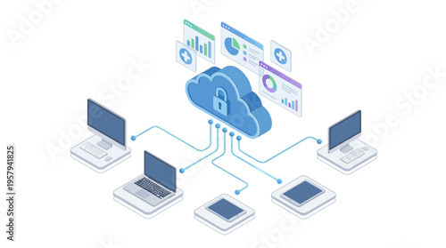 Isometric Healthcare Cloud Computing Platform with Medical Data Security, Connected Devices and Health Analytics Dashboard for SaaS Technology Solutions