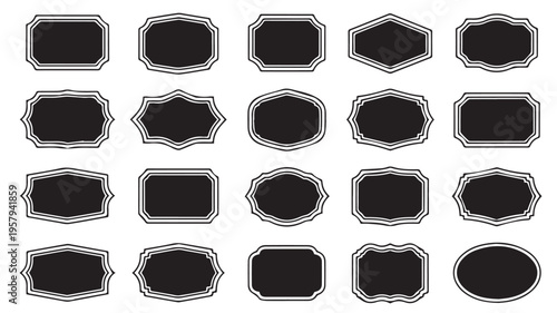 A comprehensive collection of elegant black and white vintage labels and frames, featuring diverse ornamental shapes perfect for badges, banners, and decorative design elements