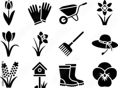 Collection of Garden Featuring Flowers Tools and Accessories White Background gardening