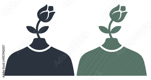 Abstract silhouette of a head with a blooming flower growing from it, symbolizing growth and creativity.