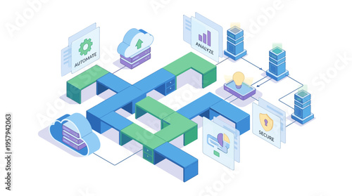 Isometric SaaS Healthcare Platform with Cloud Data Automation, Analytics Dashboard, and Secure Medical Technology Infrastructure