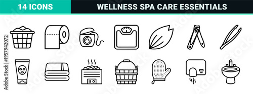 Modern Bathroom Hygiene and Personal Care Essentials Minimalist Monoline Geometric Line Art Set for Interior Design and Wellness Apps.