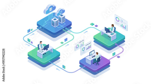 Isometric Healthcare SaaS Platform Doctors Medical Team Cloud Computing Data Analytics Hospital Management Software Technology