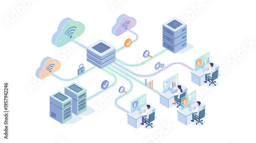 Isometric SaaS Healthcare Platform with Cloud Data Infrastructure and Medical Team Analyzing Patient Records in Modern Hospital Network