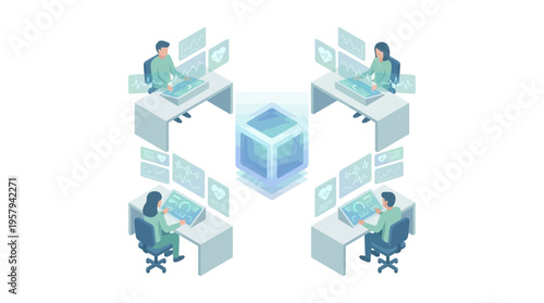 Isometric Healthcare SaaS Platform with Medical Professionals Analyzing Patient Data on Digital Dashboards, Teal Blue Technology Concept