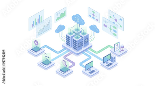 Isometric Healthcare Cloud Computing Platform with Medical Data Analytics, Telemedicine Devices and AI Technology Network Infrastructure