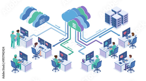 Isometric Healthcare Cloud Computing Platform with Medical Team Analyzing Patient Data, SaaS Technology Infrastructure for Hospital Digital Transformation