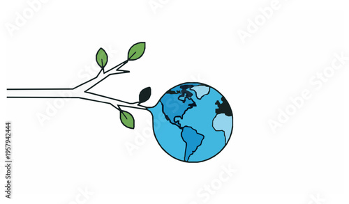 Minimal globe growing on tree environmental vector illustration