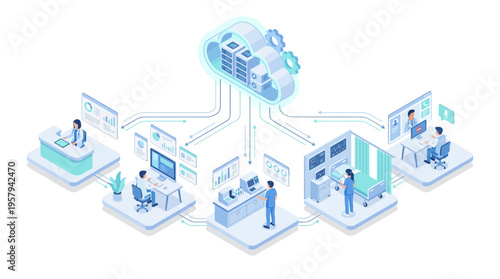 Isometric Healthcare Cloud Technology Platform with Medical Data Management, Telemedicine, Hospital Workflow, and SaaS Digital Health Infrastructure