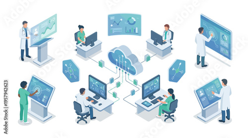 Isometric Healthcare Cloud Technology Platform with Medical Professionals Analyzing Patient Data on Digital Dashboards and Touchscreens