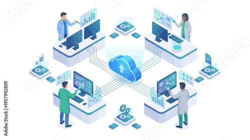 Isometric Healthcare Cloud Computing Platform with Medical Professionals Analyzing Patient Data, Doctors Using SaaS Technology for Hospital Digital Transformation