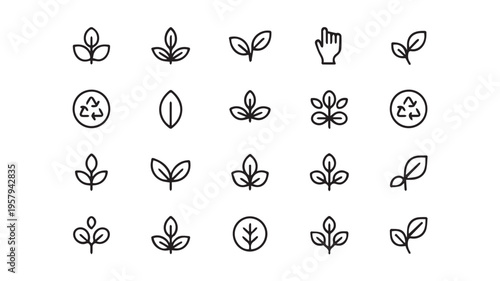 A comprehensive collection of minimalist black outline vector icons representing various leaves, organic forms, and eco-friendly symbols, ideal for nature and sustainable design
