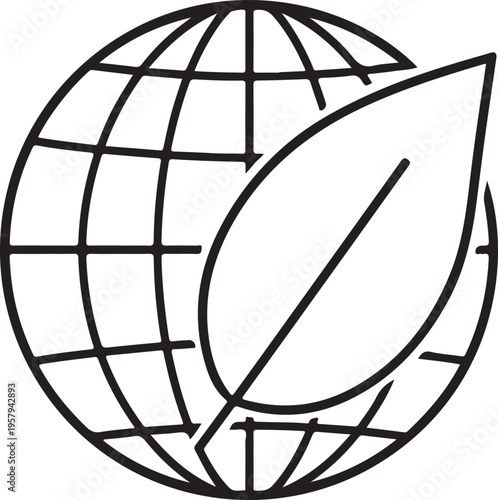 A minimalist black and white line art illustration of a stylized globe with an overlaying leaf icon