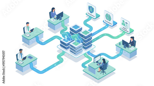 Isometric Healthcare SaaS Platform with Medical Professionals Connected to Cloud Data Center, AI Analytics, and Secure Patient Records Management System