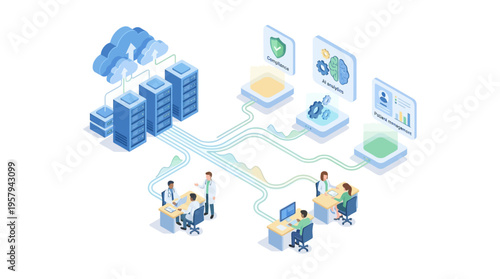 Isometric Healthcare SaaS Platform with Cloud Data Infrastructure, Medical Team Using Digital Health Technology for Patient Care Management