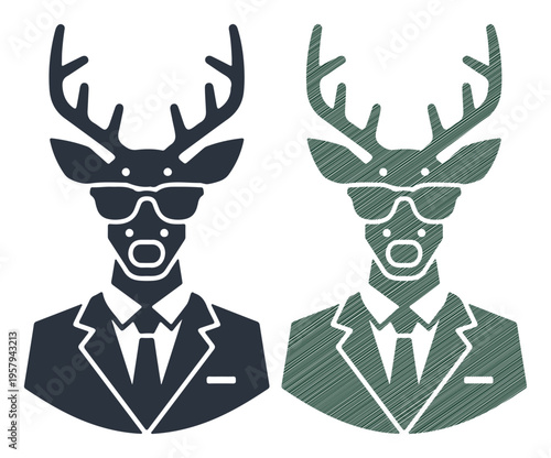 Stylish anthropomorphic deer wearing sunglasses and a suit, exuding cool confidence.