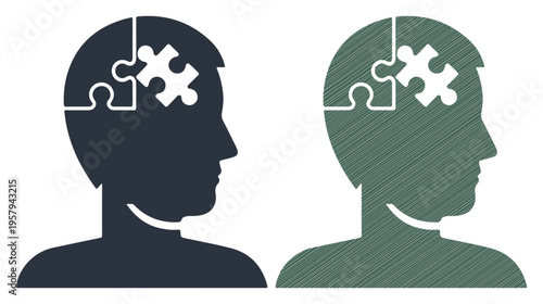 Two profiles with puzzle pieces fitting into the head representing thought and connection.