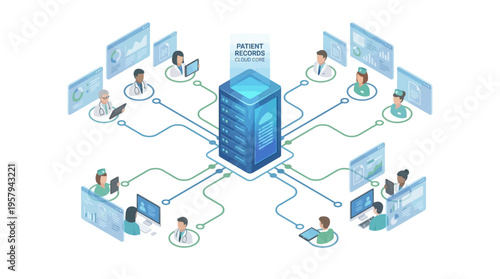 Isometric Healthcare Cloud Technology Platform with Medical Professionals Accessing Patient Records Database, Digital Health Data Management System, Hospital Network Infrastructure