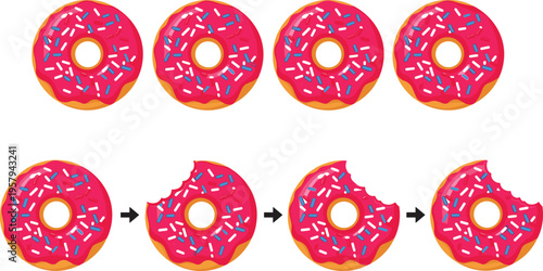 Donut eating sequence set with bitten stages colorful glazed pastry dessert process flat vector illustration isolated on white background