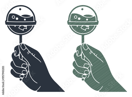 Hand holding a colorful lollipop filled with swirling liquid and small objects