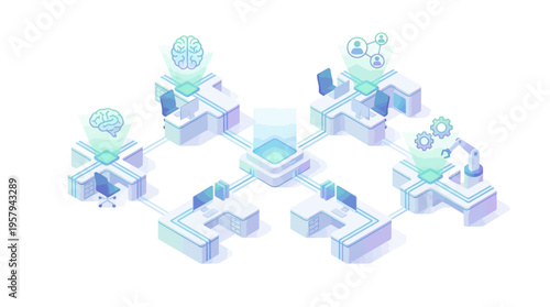 Isometric SaaS Healthcare Platform Network with AI Brain Analytics, Medical Data Integration, and Connected Hospital Departments for Digital Health Technology Presentations