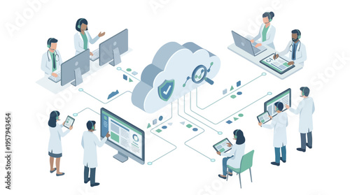 Isometric Healthcare Cloud Technology Platform with Medical Team Accessing Patient Data on Secure Network, Doctors and Nurses Using Digital Health SaaS System for Telemedicine and Hospital Management