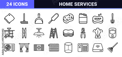 Commercial Cleaning and Home Maintenance Services Minimalist Monoline Geometric Outline Technical Line Art Collection for Commercial Use