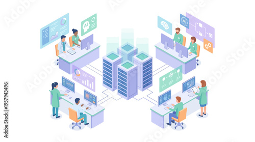 Isometric Healthcare SaaS Platform with Medical Data Analytics, Cloud Computing Infrastructure, and Healthcare IT Team Managing Electronic Health Records