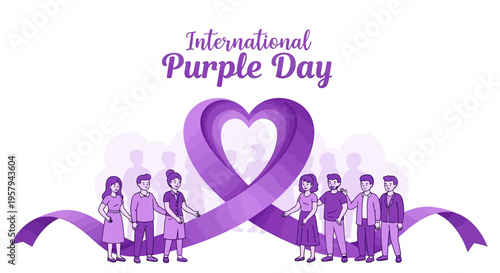 Illustration of diverse people standing around a purple heart and ribbon for International Purple Day, promoting epilepsy awareness with a purple theme and supportive community, against a